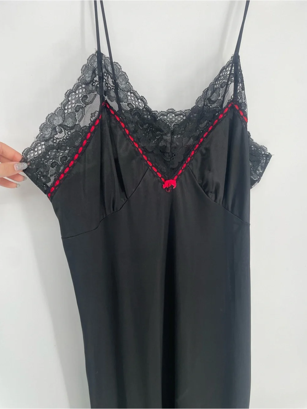 Vintage Black & Red Long Nylon Slip Nightgown Lace & Satin Ribbon Accents - Picture 6 of 13